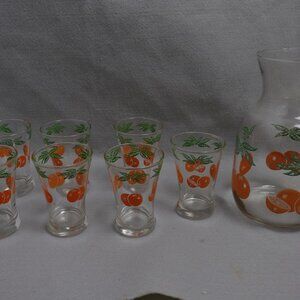 Anchor Hocking Orange Juice Carafe and 7 juice glasses